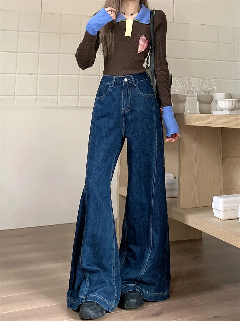 Women Unique Design Stitch Split Dark Blue Flare Denim Pants High Waist Hip Cover Slim Drape Floor Length Wide Leg Long Trousers
