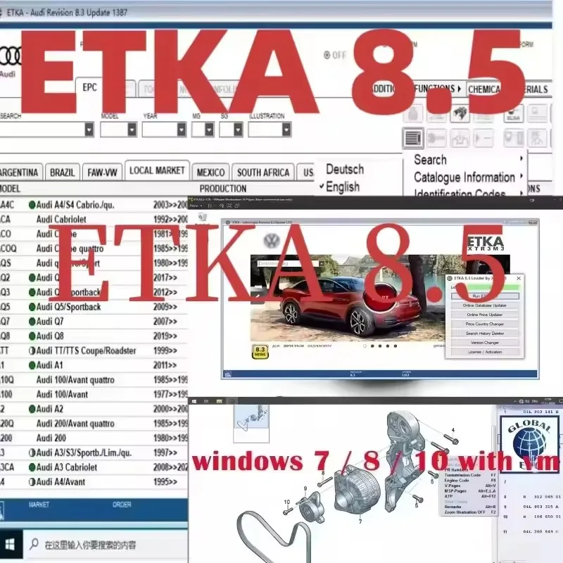 ETKA 8.5 & Elsawin 6.0 برنامج تشخيص إصلاح السيارات V/W + AU // DI + SE // AT + SKO // DA أجزاء كتالوج أداة تشخيص السيارات متعددة اللغات