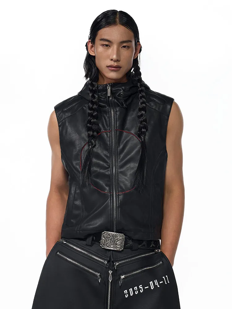 

Short PU Leather Vest Jacket Men's Summer Star Print Sleeveless Slim Fit Hoodie Style Youthful Energy Cotton Blend Casual Wear