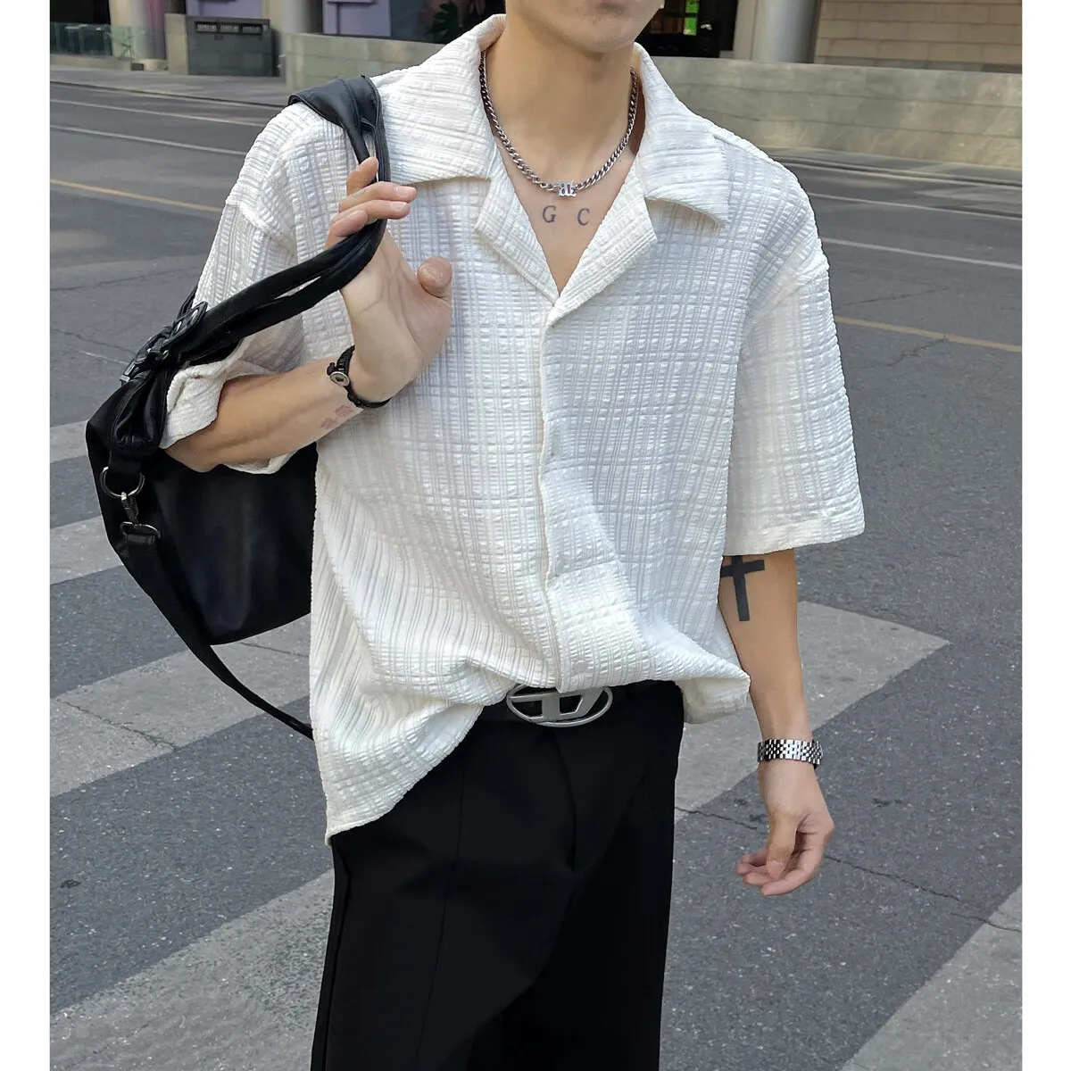 

Mens Loose Fit Suit Collar Shirt Cool Comfort Advanced Fabric Summer Casual Trendy Breathable Stylish Modern Streetwear Design