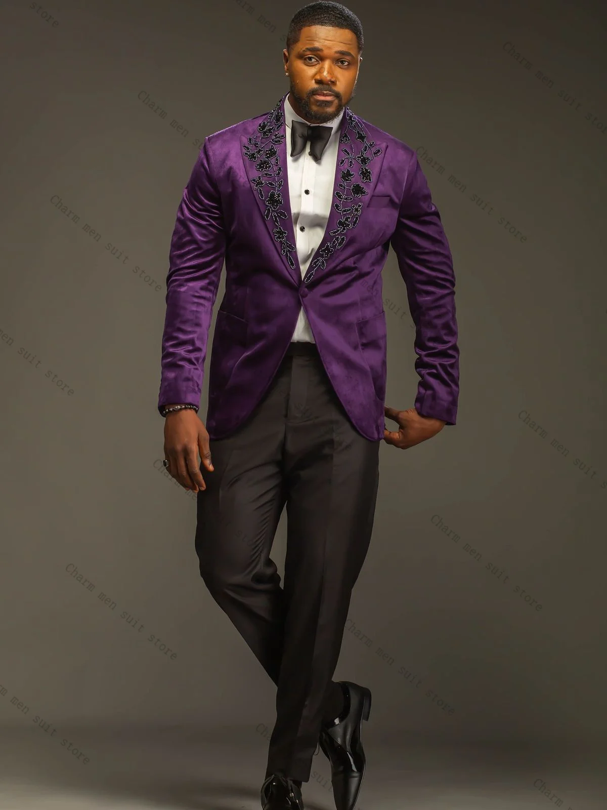 

Purple Men Suits Set 2 Pcs Blazer+Pant Trousers Stone Crystals Wedding Tuxedo Formal Office Cotton Male Groom Prom Jacket Coat