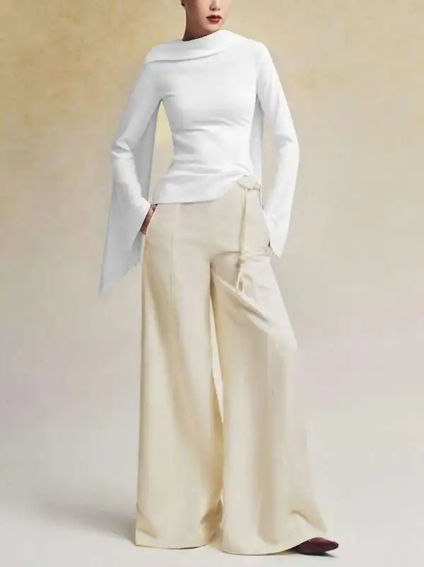 

Autumn Winter Women's Solid Pullovers 2024 New Fashion Flared Long Sleeves Zipper Boat Neck Warmth Originality Tops