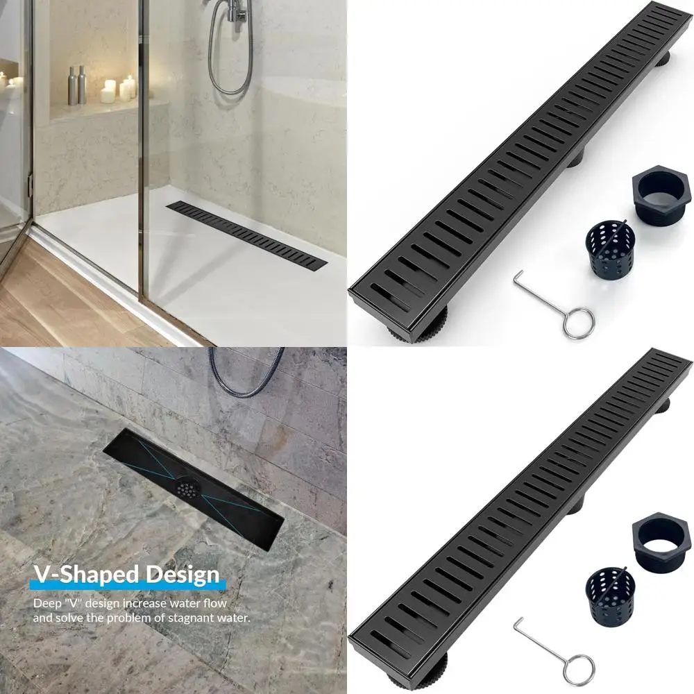 

36 Matte Black Shower Drain with Adjustable Leveling Feet and Hair Strainer, 304 Stainless Steel