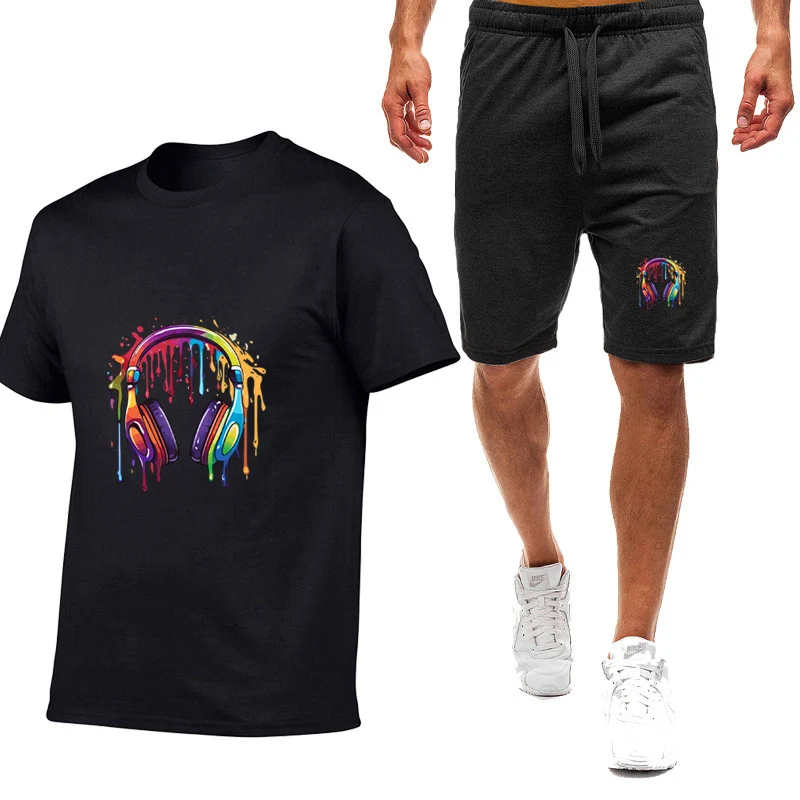

2025 Summer Man's Hip Hop Melting Headset Graphic Logo Print Absorb Sweat Quick-Dry Premium Round Neck T-shirt Pants Suits