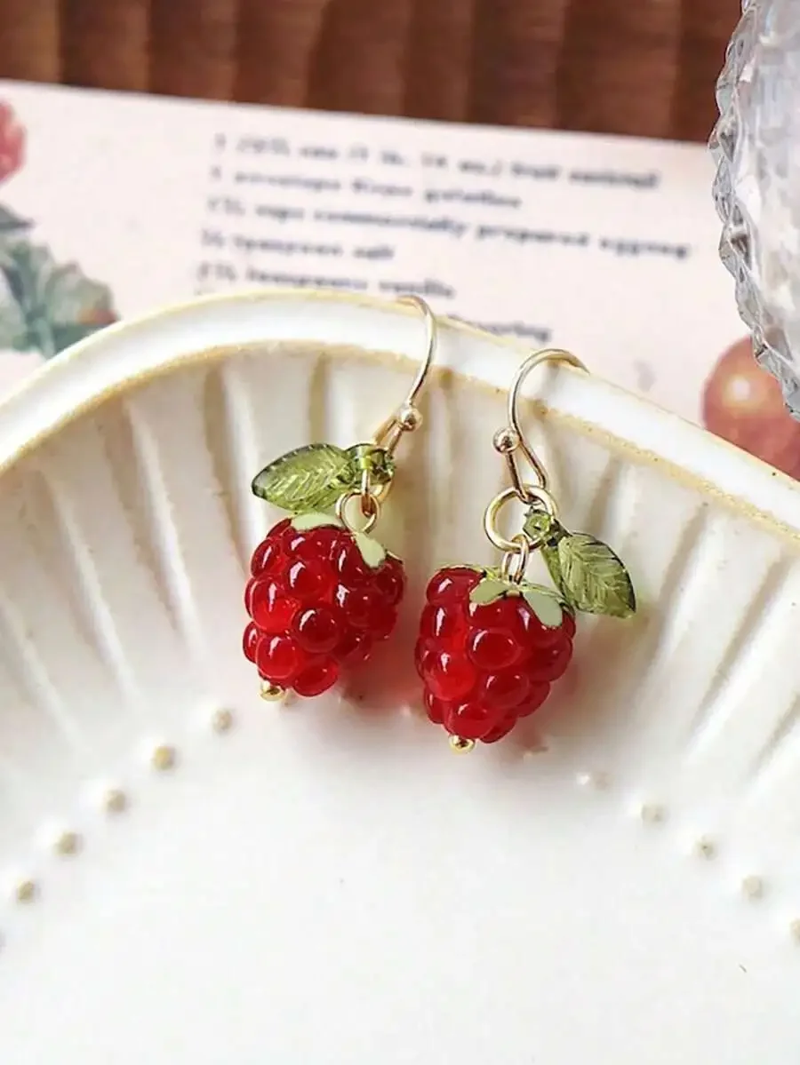 

Handmade Raspberry Resin Dangle Earrings Sweet Red Berry Jewelry For Women