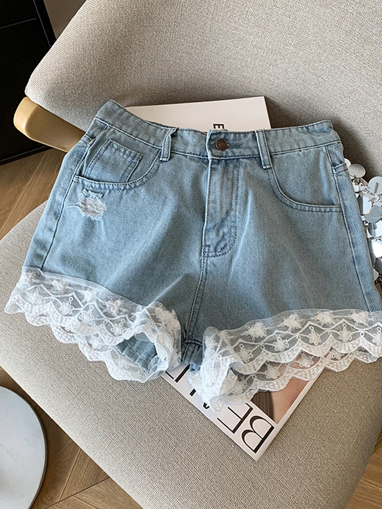 Summer Sweet Lace Denim Shorts Women Korean Appliques High Waist Short Pants Y2k Girls Sexy Punk Jeans