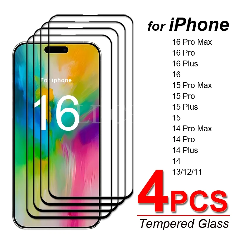 4 Pcs For Apple iPhone 16 Pro Max Glass Tempered Glass HD Flim Screen Protector Film For iPhone 16 15 14 13 12 11 Pro Max Glass