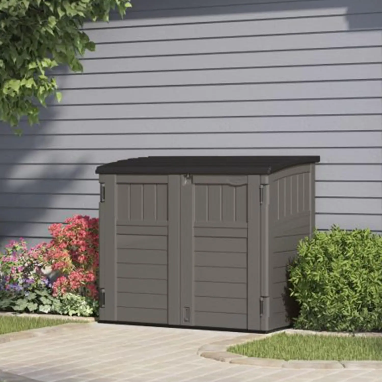 Outdoor Storage Shed For Backyard Garden Horizontal Portable Utility Deck Cabinet Tool Box Equipment Organizer Bin Lockable Double Doors Stoney Grey view 3