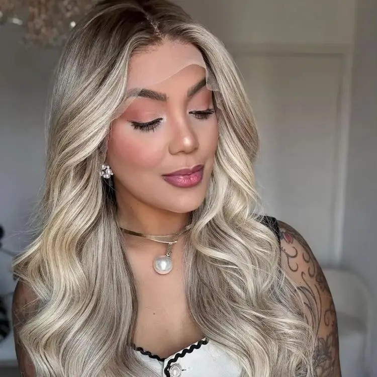 Women's Wig Ombre Ash Blonde Loose Wave Hair Wig Lace Front Wigs Synthetic Lace Front Wigs Wig Long Length Invisible Wig 24 Inch
