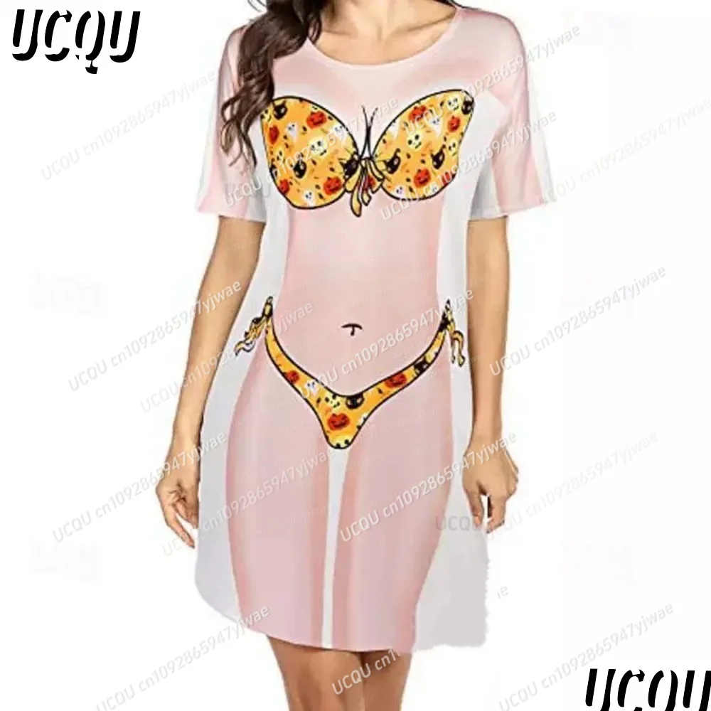 2025 Summer Women T-Shirt Dress Casual Fun 3D Bikini  Printed O-Neck Lady Short Sleeve Pullover Home Sleep Dress Women Clothing