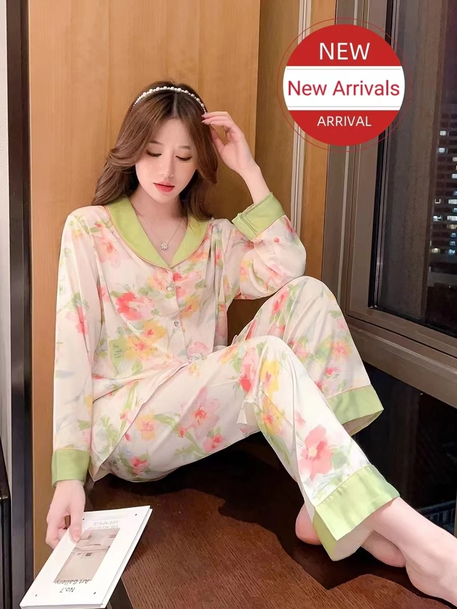 New Ladies Summer Silk Pajamas Female Spring And Autumn Thin Section Long-Sleeved Fashion Garden Lovely Sweet Wind Homewear Summ