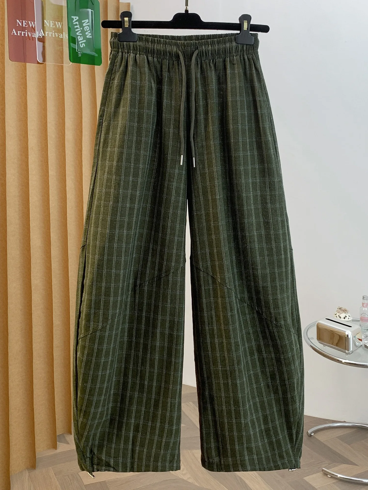 Laid-back Style High Waist Drawstring Slimming Casual Wide Leg Pants Women's Summer New Small Size Checkered Loose Feelings