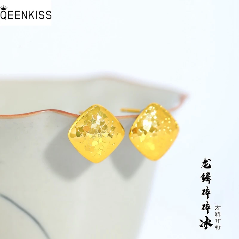 

QEENKISS 24KT Gold Shiny Square Stud Earrings For Women Wedding Party Birthday Christmas Bride Mother Girl Ladies Gifts EG5531