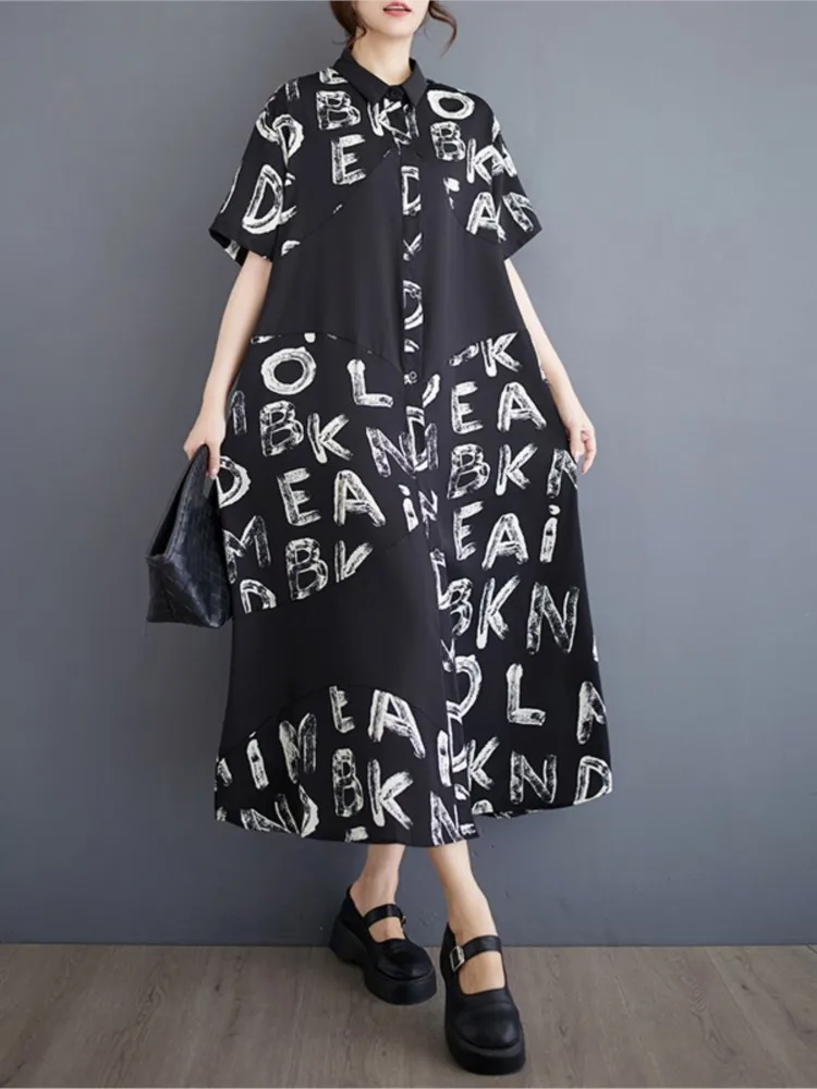 Oversized Summer Letter Print Long Shirts Dress Women Loose Ruffle Pleated Modis Ladies Dresses Short Sleeve Casual Woman Dress