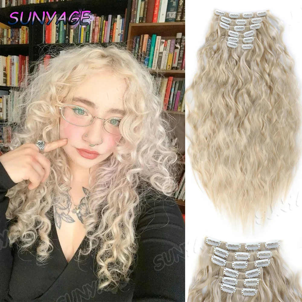 ต่อผมแบบคลิป 16 คลิป ยาว 24 นิ้ว ทรงลอนน้ำ สำหรับผู้หญิง ต่อผมสังเคราะห์แบบเต็มศีรษะ