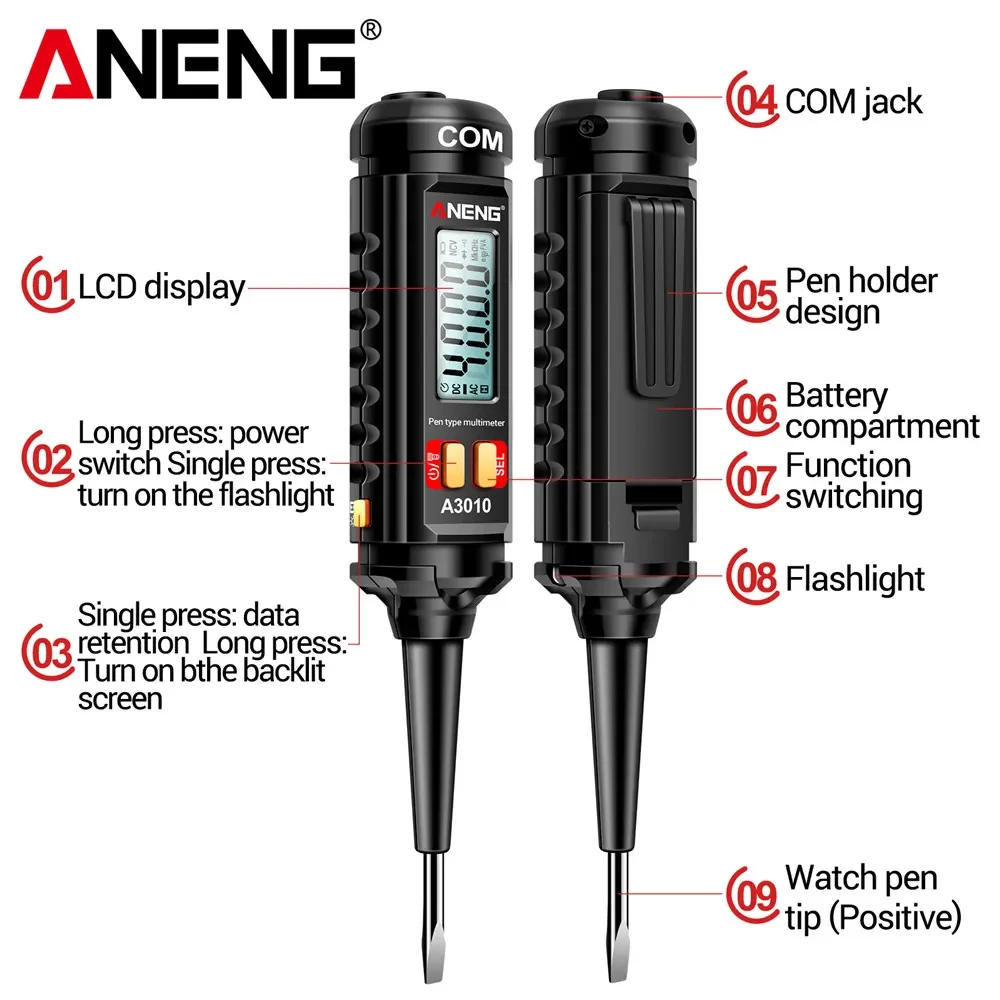 ANENG A3010 4000 Counts Pen-Type Multimeter True-RMS Backlight Multi Meter Digital Auto Range Tester LCD Electrician Tools