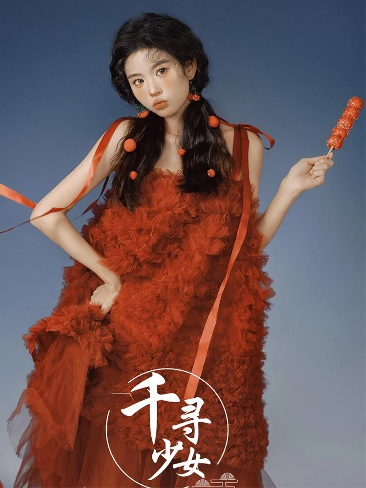 

Red Dr for Studio Photoaphy Sweet Girl's Birthday Portrait Art Photo oot Festive Chinese Traditional Costume Women's F...