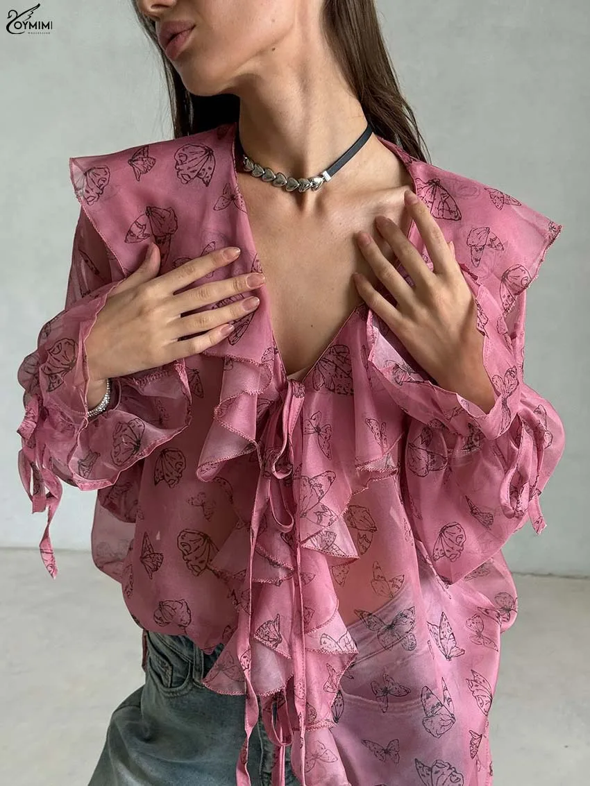 Oymimi Fashion Deep Pink Print Women's Shirt Elegant V-Neck Ruffled Long Sleeve Blouses Autumn Translucent Lace-Up Shits Female