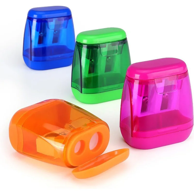Portable Manual Plastic Pencil Sharpener with Shavings Container Double Hole Color Transparent Pencil Sharpener XBGJ02