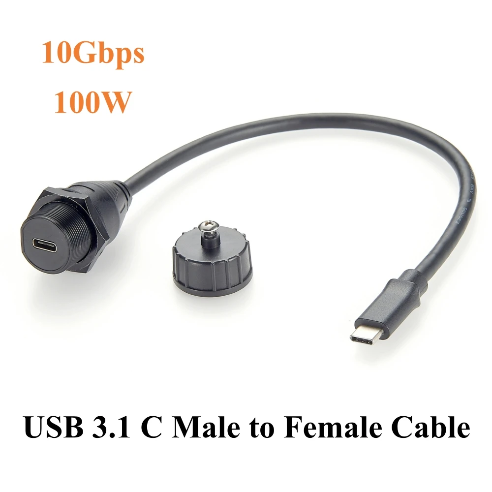 IP67 USB 3.1 Type C Male to Female Extension Cable 10Gbps 100W USB 3.1 Gen2 C Flush Threaded Panel Mount Charging & Data Cable