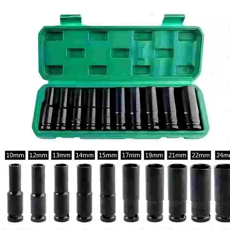 10pcs Set 1/2 Inch Electric Wrench Socket Head Pneumatic Socket Lithium Electric Wrench Hexagonal Opening Extension