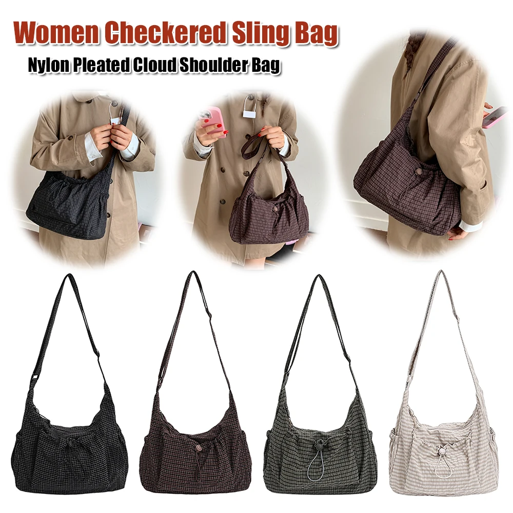 Women Drawstring Crossbody Bag Nylon Pleated Cloud Shoulder Bag Large Capacity Trendy Satchel Bag Shopping Date Handbag