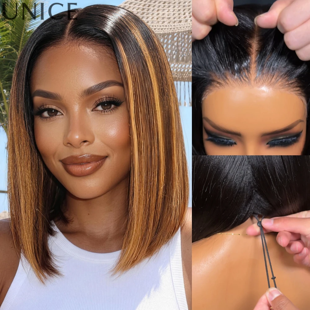 UNice 7x5 Bye-Bye Slip ™   Perruque Bob Droite Sans Colle en Cheveux Humains Marron avec Mèches Blondes Piano, Prête à Porter