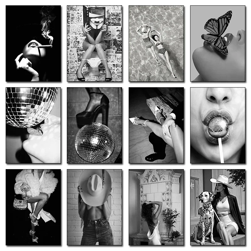 Black and White Luxury Fashion Feminist High Heels on Disco Ball Woman Smoking Poster Canvas Painting Print Wall Art Home Dec
