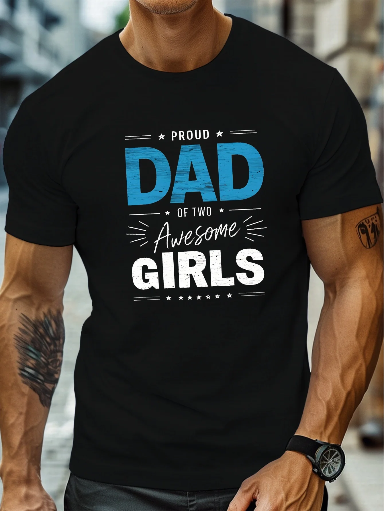 

Men's casual round-neck T-shirt, knitted fabric, slight elasticity, summer style, proud dad of a girl - Men's T-shirt