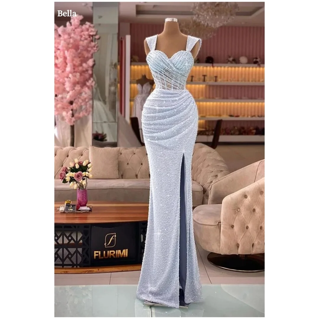 

Bella Индивидуальные вечерние платья на тонких бретельках с бисером и разрезом по бокам, вечерние платья с открытой спиной и длиной до пола, платье русалки для выпускного вечера 2025