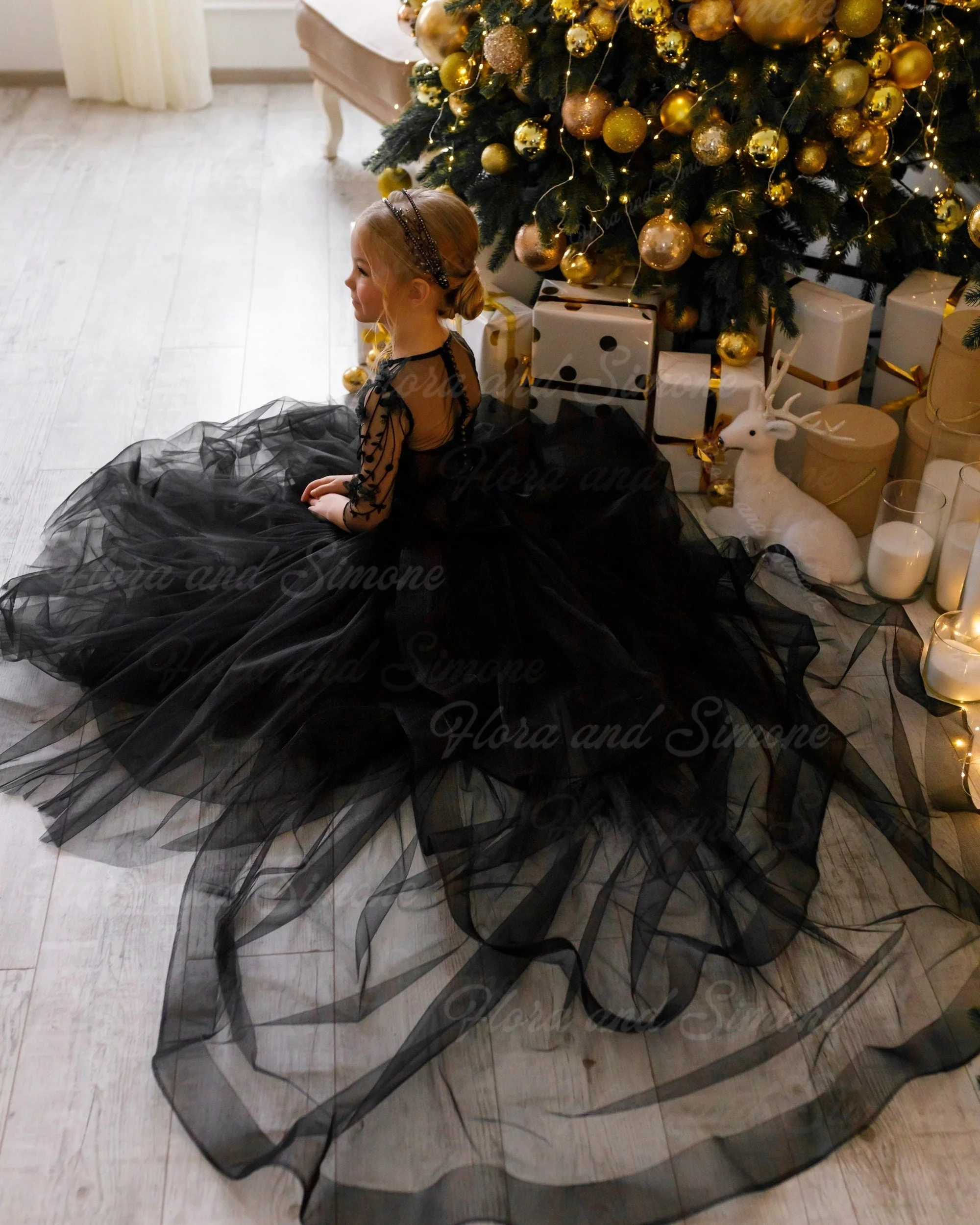 customized Fluffy Long sleeves Bow Shiny Elegant Princess Dress Flower Girl Dress for Wedding Ceremony birthday gift Christmas