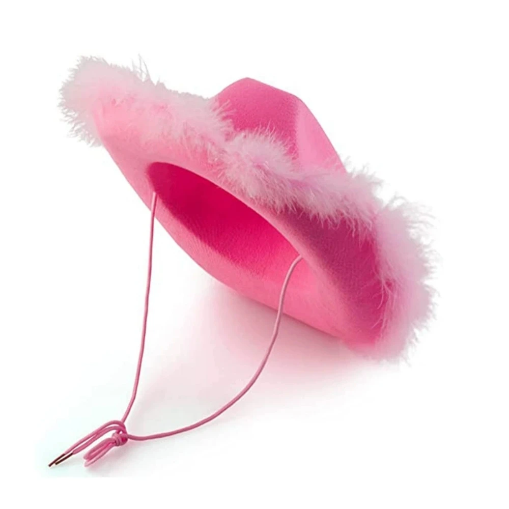 Cowboy Hat for Adult Solid Color Fluffy Feather Trim Felt Wide Brim Cowgirl Hat Fashion Female Cap for Dating Party