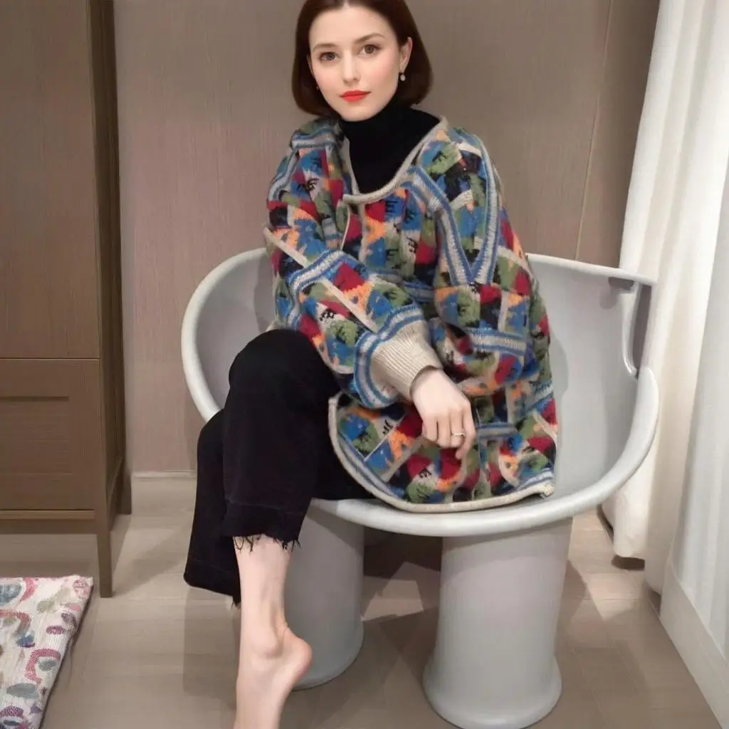 

Color Blocking Checkered Knitted Cardigan Jacket O-neck Long Sleeve 2025 New Arrival Autumn Women Retro Loose Single Breasted Kn