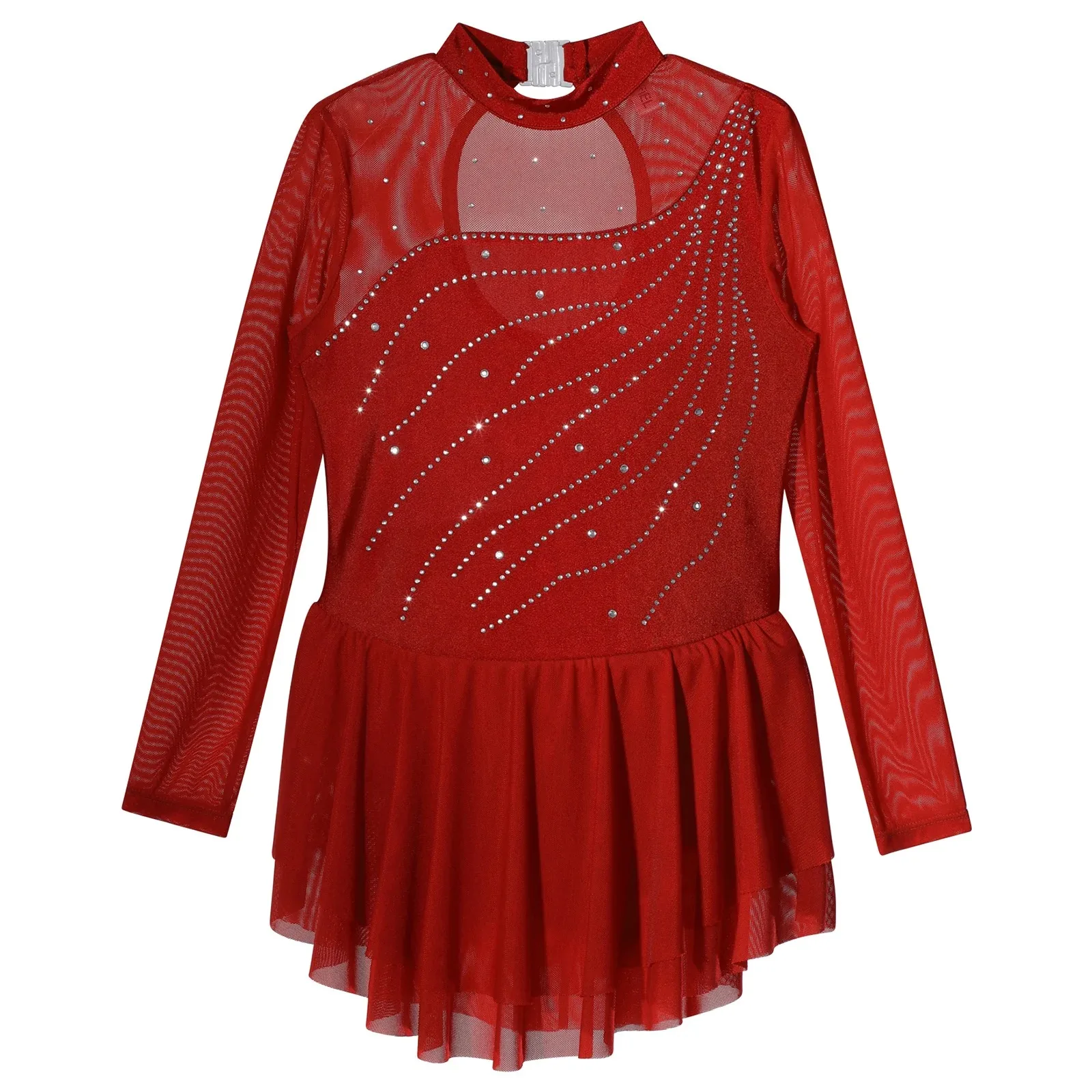 Shiny Rhinestone Figure Skating Dance Dress for Kids Girls Ballerina Tutu Dance Clothes Long Sleeve Round Neckline Ballet Outfit