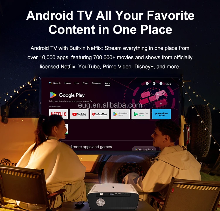 OEM 1550ANSI Google معتمد Android TV LCD النهار التركيز التلقائي 20%-100% Zoom Projector 4K المسرح المنزلي NFC متعاطي المخدرات