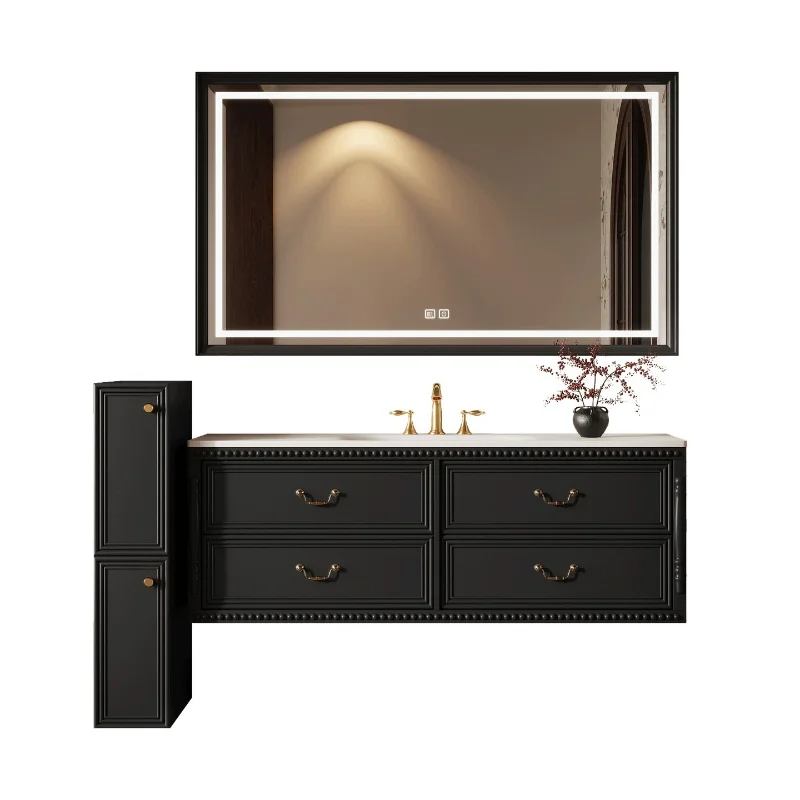 

Oak French retro bathroom cabinet combination toilet washbasin side cabinet rock slab hot bending integrated basin
