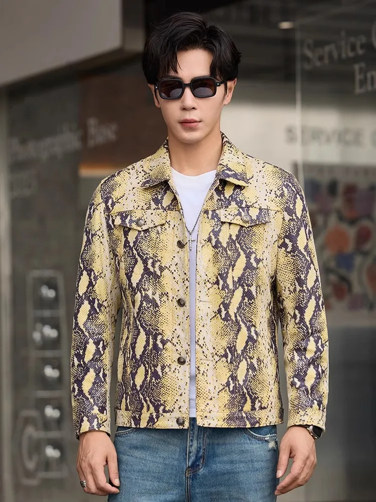 سترة جلدية أصلية فاخرة للرجال بنمط الأفعى من جلد الغنم بقصة ضيقة واحدة الصدر ملابس خارجية لحفلات الأعمال سترات فاخرة