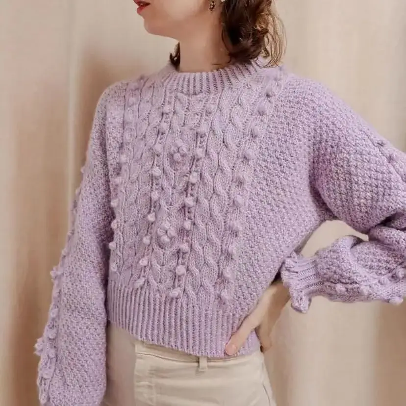 Spring and autumn Fried Dough Twists pullover round neck purple sweater loose lazy soft waxy mohair hand knitted sweater