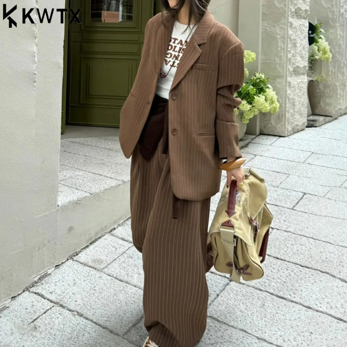 

KWTX 2025 Trendy Oversized Striped Blazer &Pants Set Women's Elegant Lounge Suit Casual Office Wear Autumn Chic Two-Piece Outfit