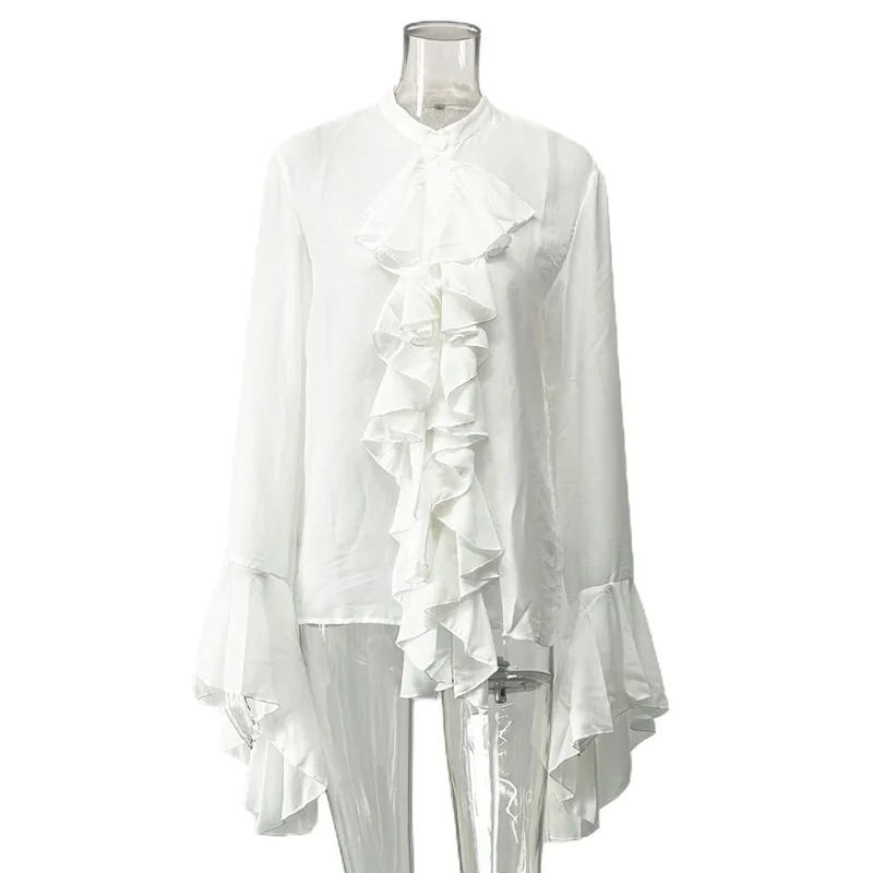 

Spring Summer Fashion Women's Chiffon Lotus Leaf Edge Design Sense Round Neck Horn Sleeve Women's Shirt Top Exquisite and Simple