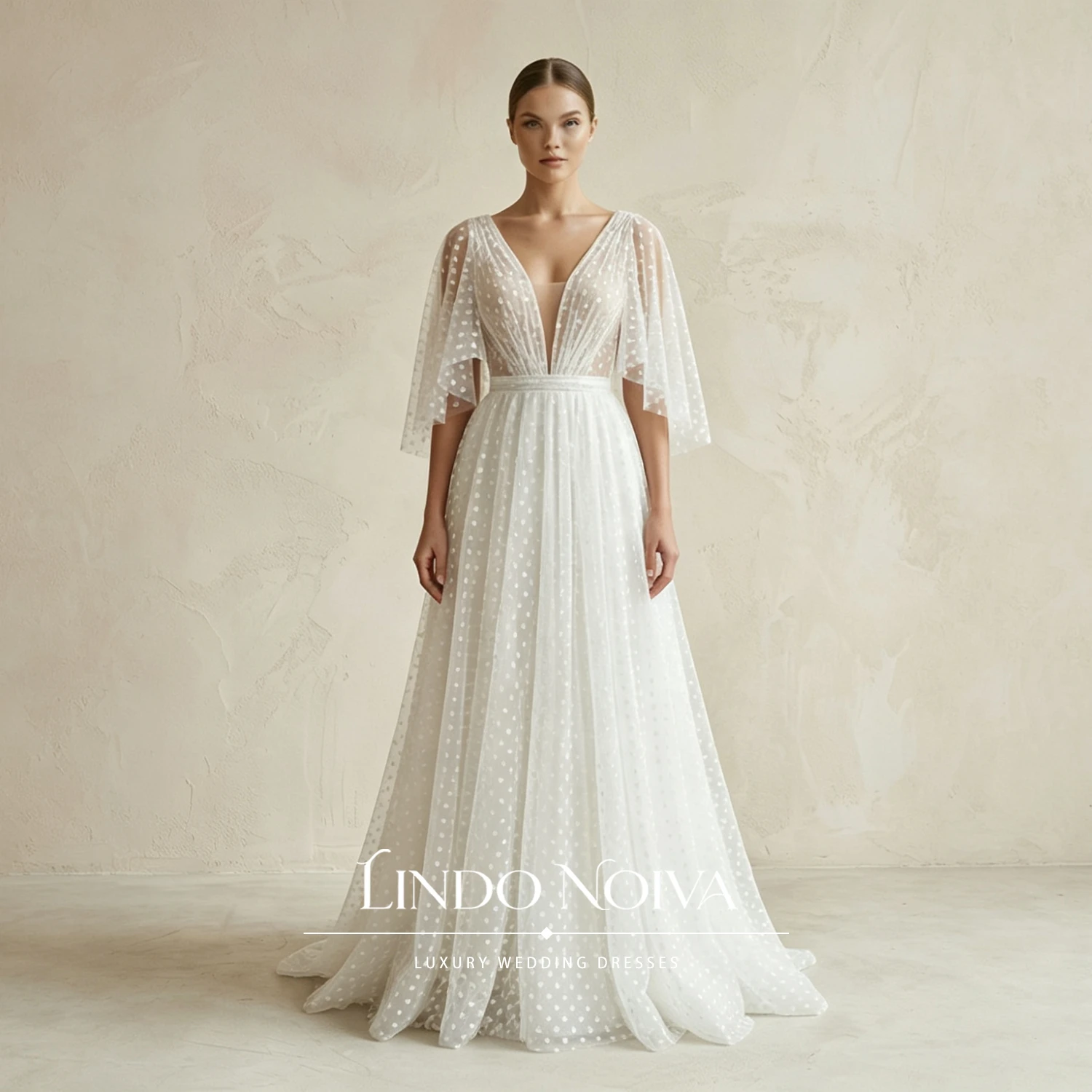 LINDO NOIVA Vestido de Novia de Tul con Cuello en V y Puntos, Estilo Boho, Corte A, Espalda Descubierta, Elegante, Vestidos de Novia Personalizados