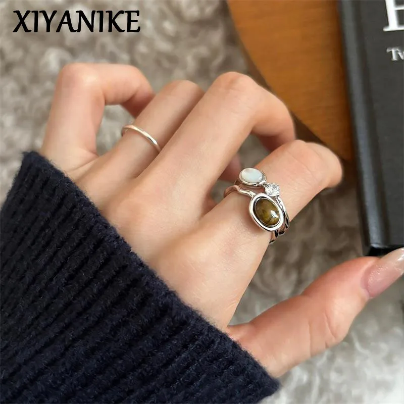 

XIYANIKE Double Layer Tiger Eye Stone Rhinestone Adjustable Finger Rings For Women Fashion New Jewelry Gift Party кольцо