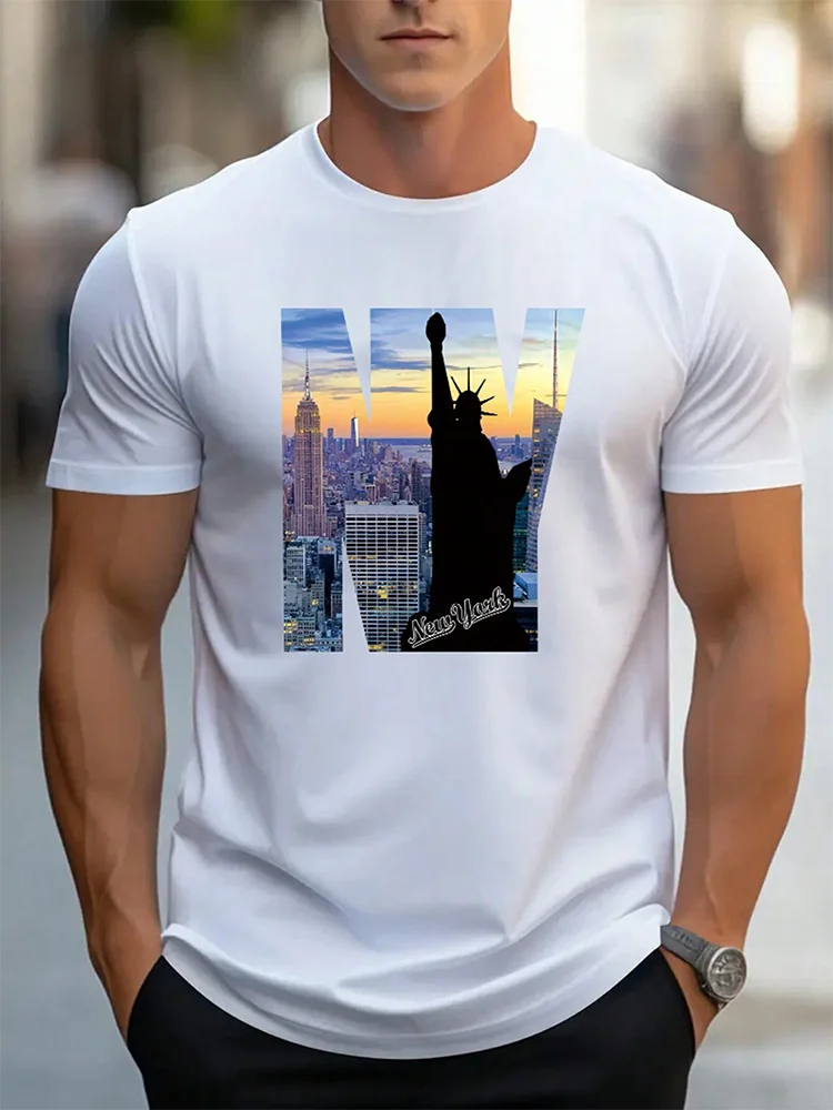 Men's Summer Oversized Large Size New York Print Short-Sleeve T-Shirt Casual Slim-Fit Crew Neck Short-Sleeve T-Shirt Top