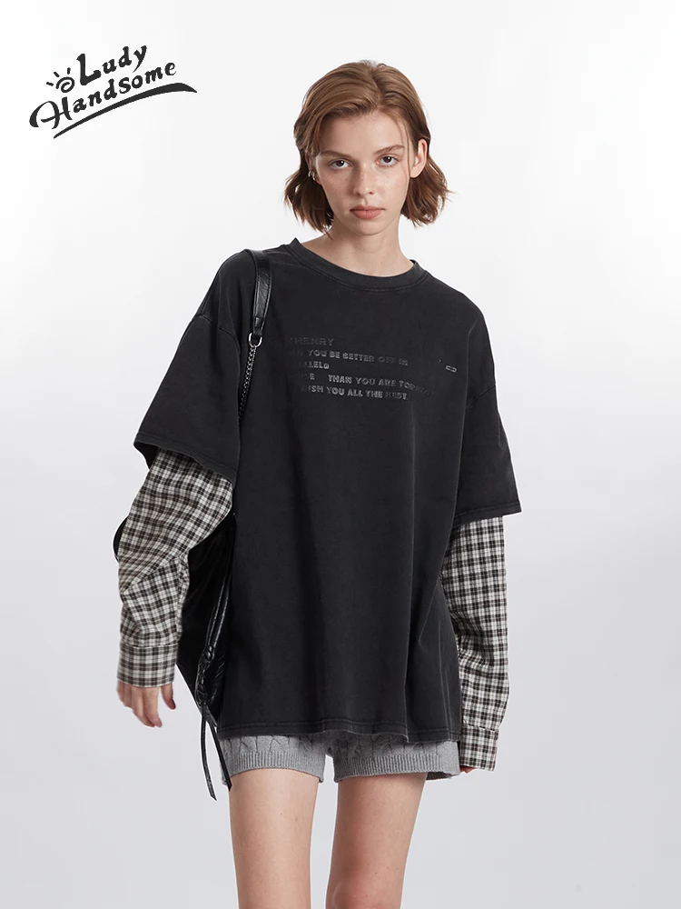 

Американский ретро све в стиле пэчворк, искусственный двухсекционный круглый свитшот Ne, свободные осенние топы для пар, женские повседневные кроватки...