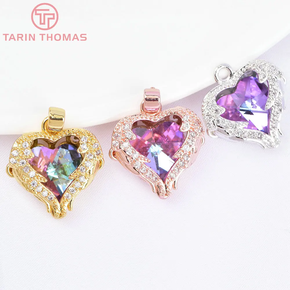 (6865) 4PCS 16x17MM 24K Gold Color Brass with Zircon Heart Charms Pendants High Quality DIY Jewelry Making Findings Wholesale