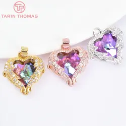 (6865) 4PCS 16x17MM 24K Gold Color Brass with Zircon Heart Charms Pendants High Quality DIY Jewelry Making Findings Wholesale