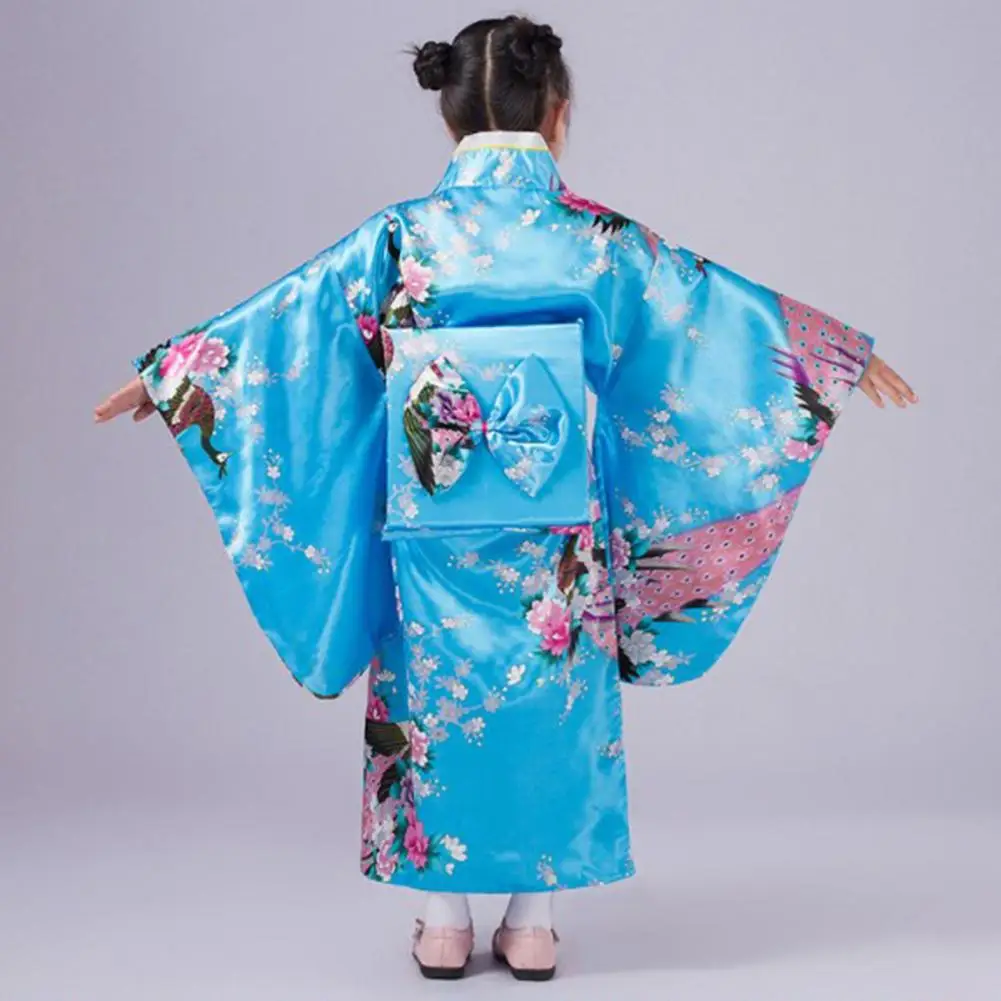 Elegant Japanese Girls Traditional Kimono Pajama Vibrant Colors Floral Peacock Print Japan Kimono