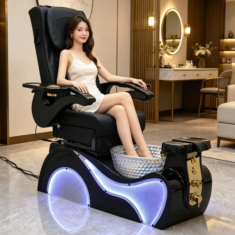 Electric Pedicure Spa Chair with LED Light, Back Body Massage PU Leather Manicure Pedicure Sofa for Nail Beauty Salon Furniture