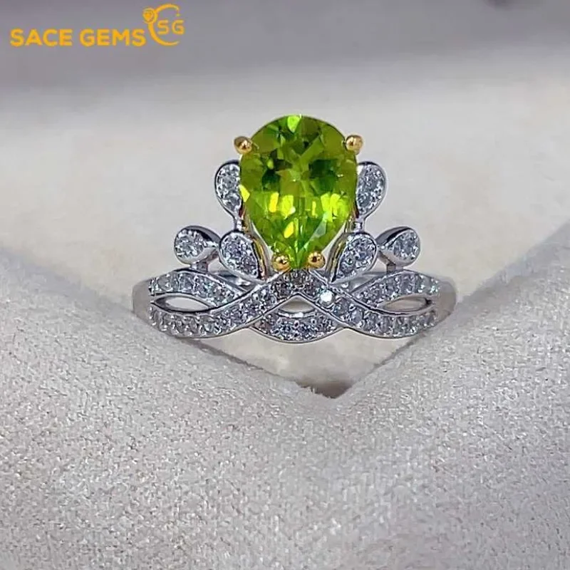 SACE GEMS Luxury 925 Sterling Silver Certified 7*9MM Natual Peridot Rings for Women Engagement Cocktail Party Fine Jewelry Gift