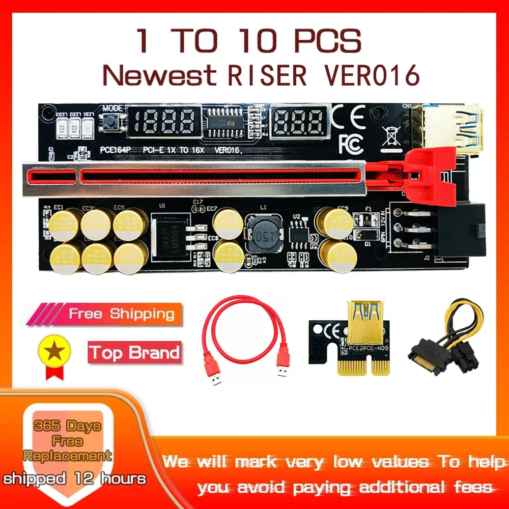 1-10PCS Newest PCI Express X16 Mining Riser 016 V016 Riser Temperature Voltage 3 RGB LED 6P USB VER016 PCIE Riser For Video Card